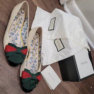 SOLD Gucci Women's Leather Web Bow Ballet Flat Shoes